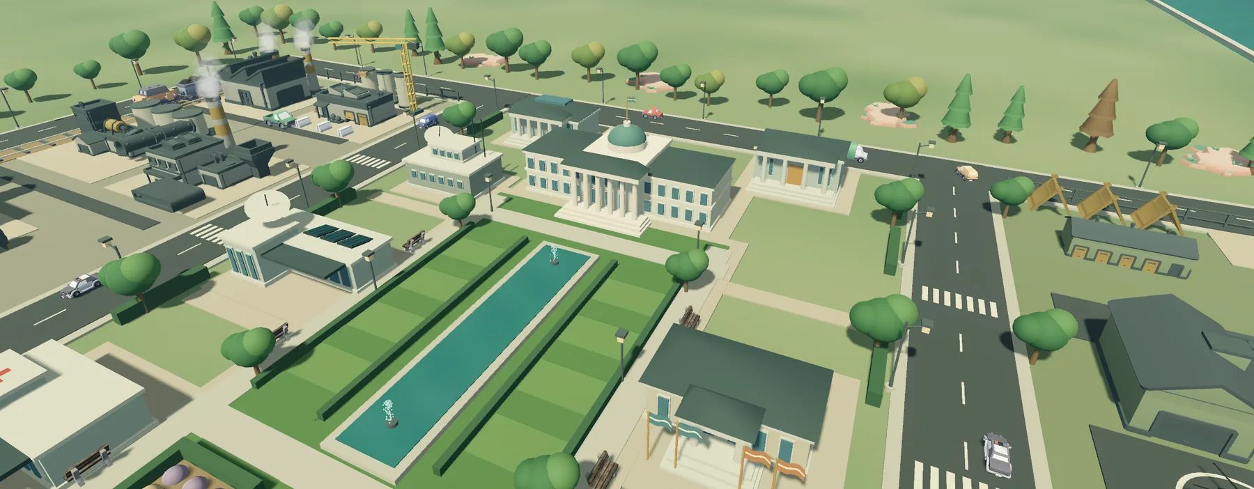 The same view by day: a domed palace facing a long reflecting pool, industry behind it, trees along the ring road.