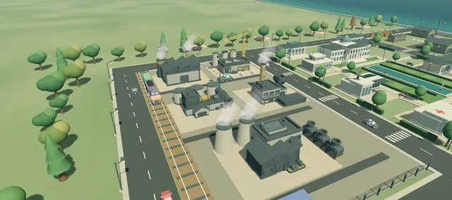 The industrial quarter: cooling towers steaming beside a rail siding and a row of factories.