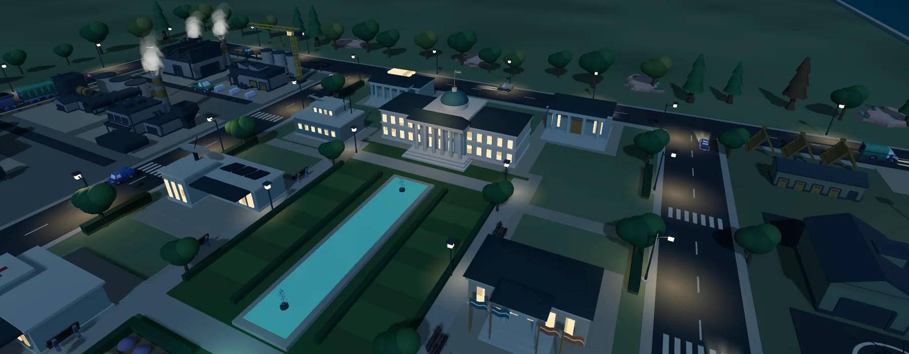 The capital at night: the government palace and the buildings around it lit from inside, street lamps along the avenues.