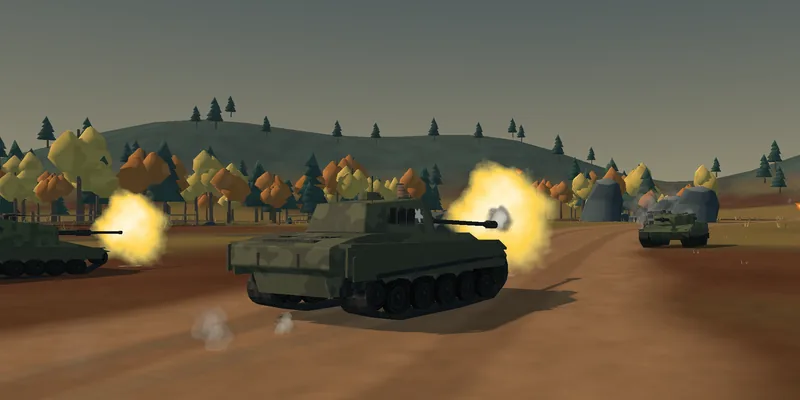 Two tanks firing at once on an autumn battlefield, an enemy tank advancing down the road towards them.