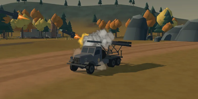 A rocket truck mid-salvo, smoke rolling off the launch rails.