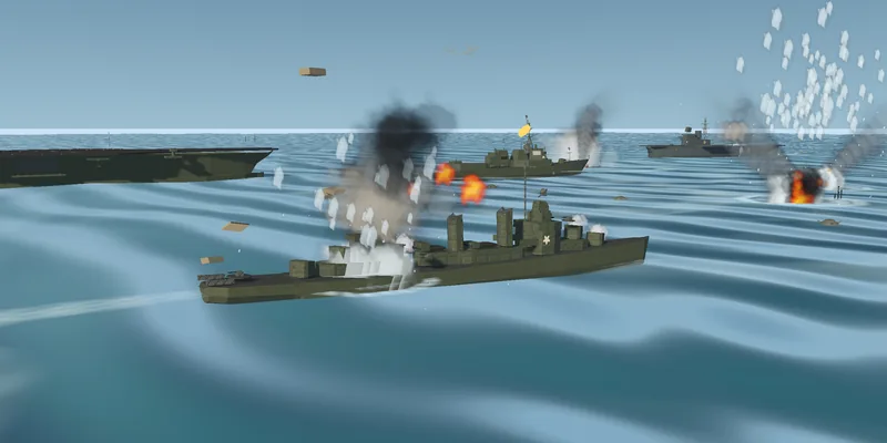 A warship under fire, shell splashes around her, a carrier and burning ships behind.