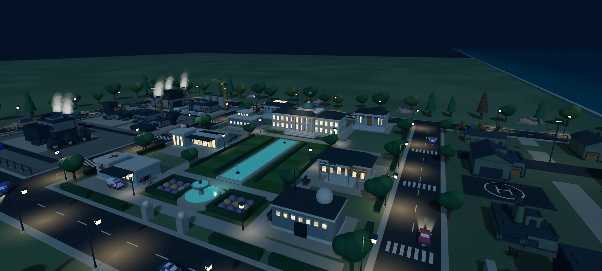 A capital city at night: a domed government palace lit from inside at the head of a long reflecting pool, ministries and street lamps around it.