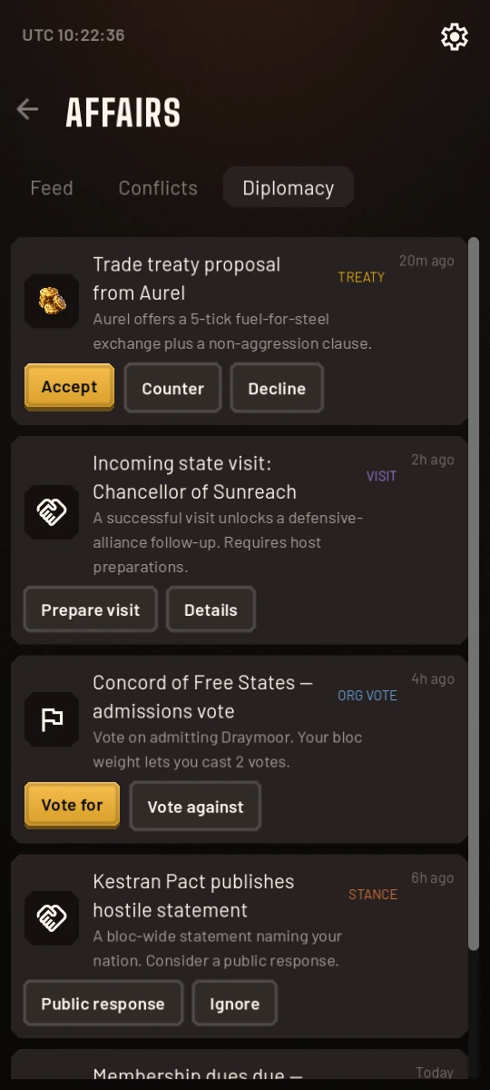 The Affairs screen in game: a treaty proposal, an incoming state visit and a vote, each waiting for an answer.