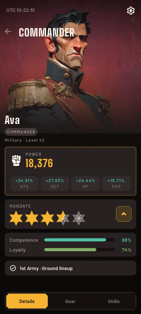 A hero page in game: Ava, a commander in a dark uniform, leading the First Army.