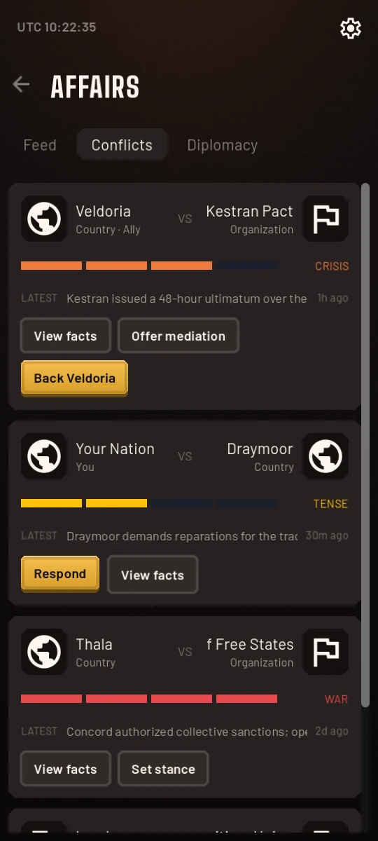 The Conflicts tab in game: disputes between nations, with the choice to mediate, back one side or respond.