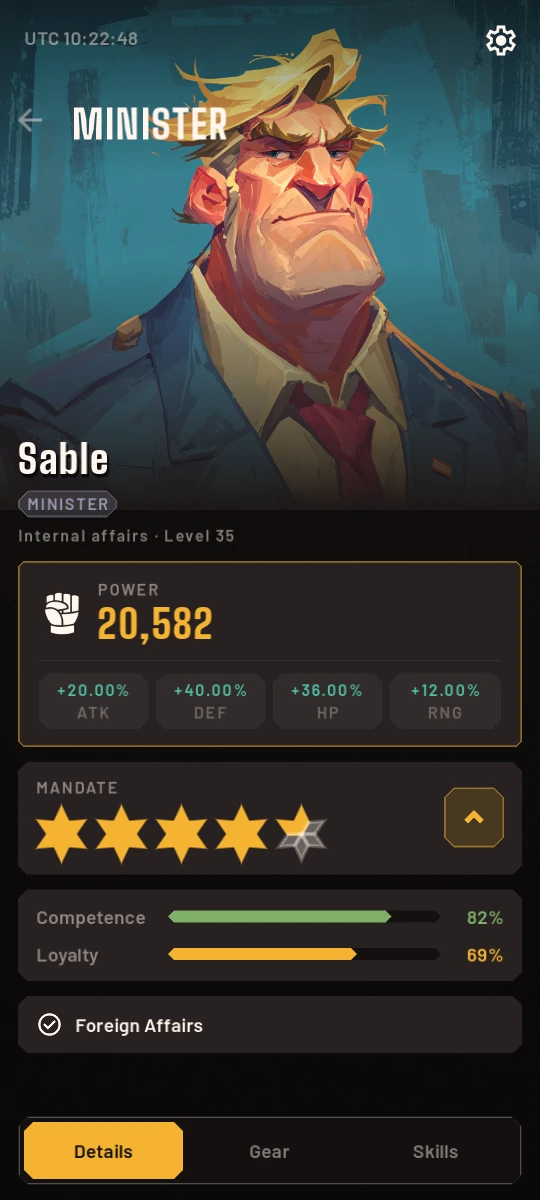 A hero page in game: Sable, a minister in a blue suit, assigned to Foreign Affairs.