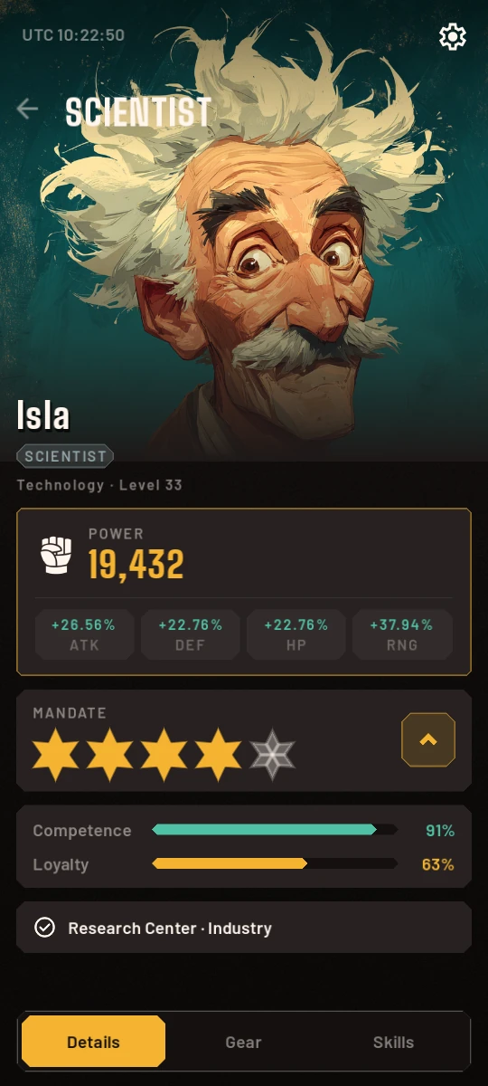 A hero page in game: Isla, a wild-haired scientist, assigned to the Research Center.